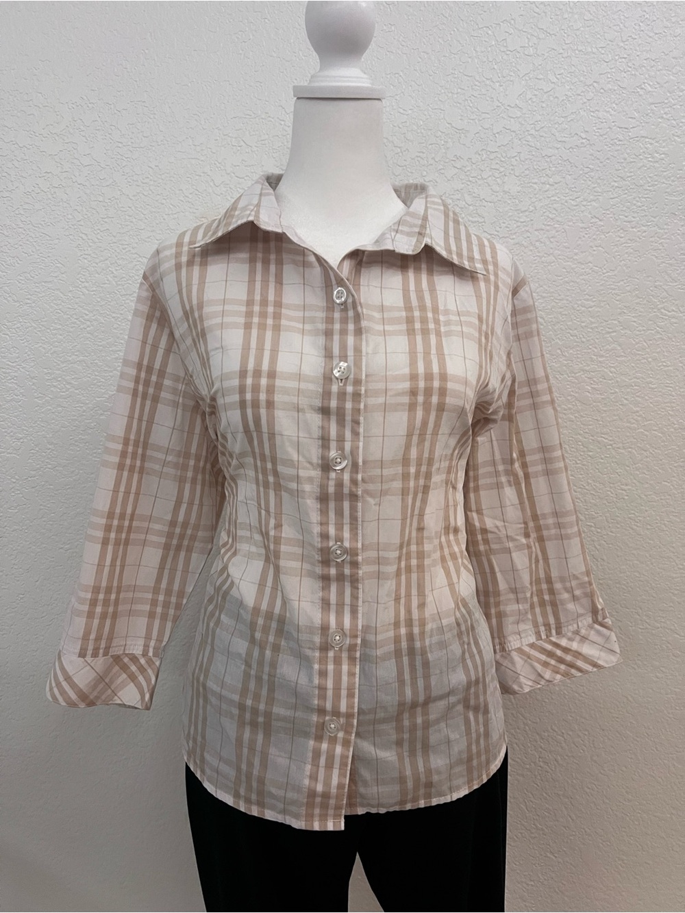 Rebecca Malone Plaid Button Front Blouse Women’s XL Beige White 3/4 Sleeve Top